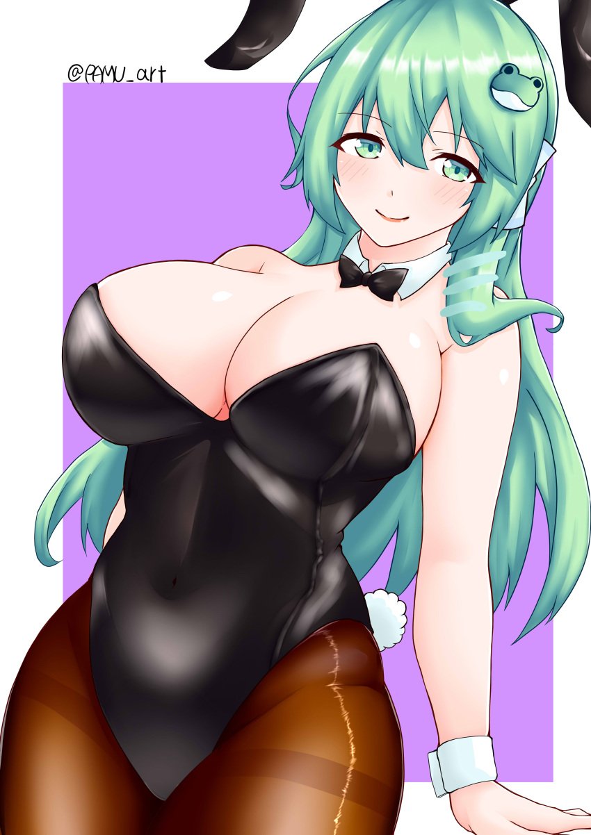 1girls blush bunny_ears bunny_tail bunnysuit cleavage female large_breasts pamu_art sanae_kochiya smile solo touhou