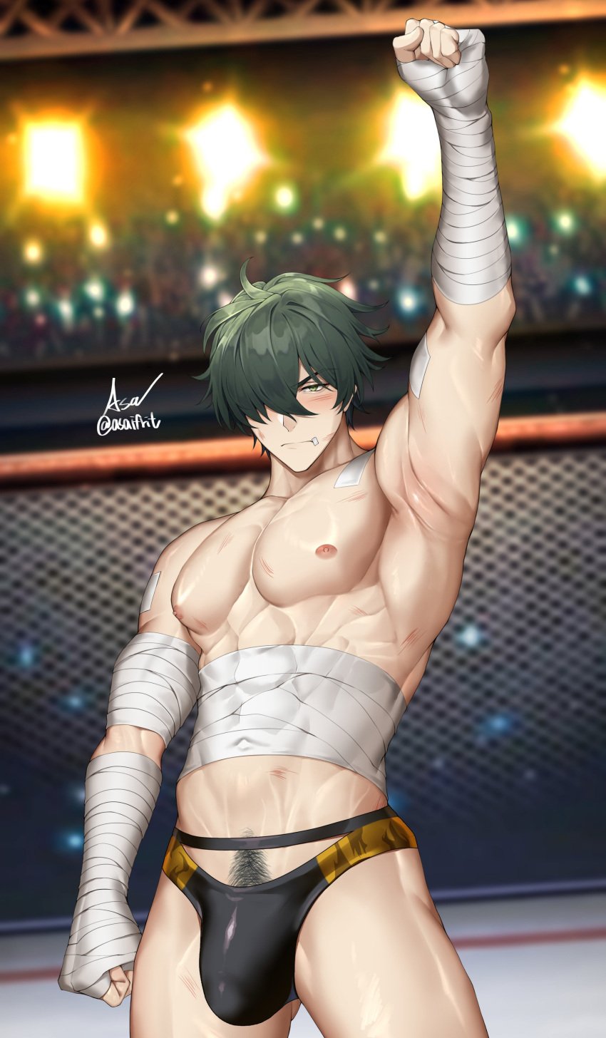 1boy abs armpits arms_up asaifrit bandages bandaid boxing_ring bulge color lighter_(zenless_zone_zero) muscles muscular_male pubes pubic_hair solo_focus underwear zenless_zone_zero