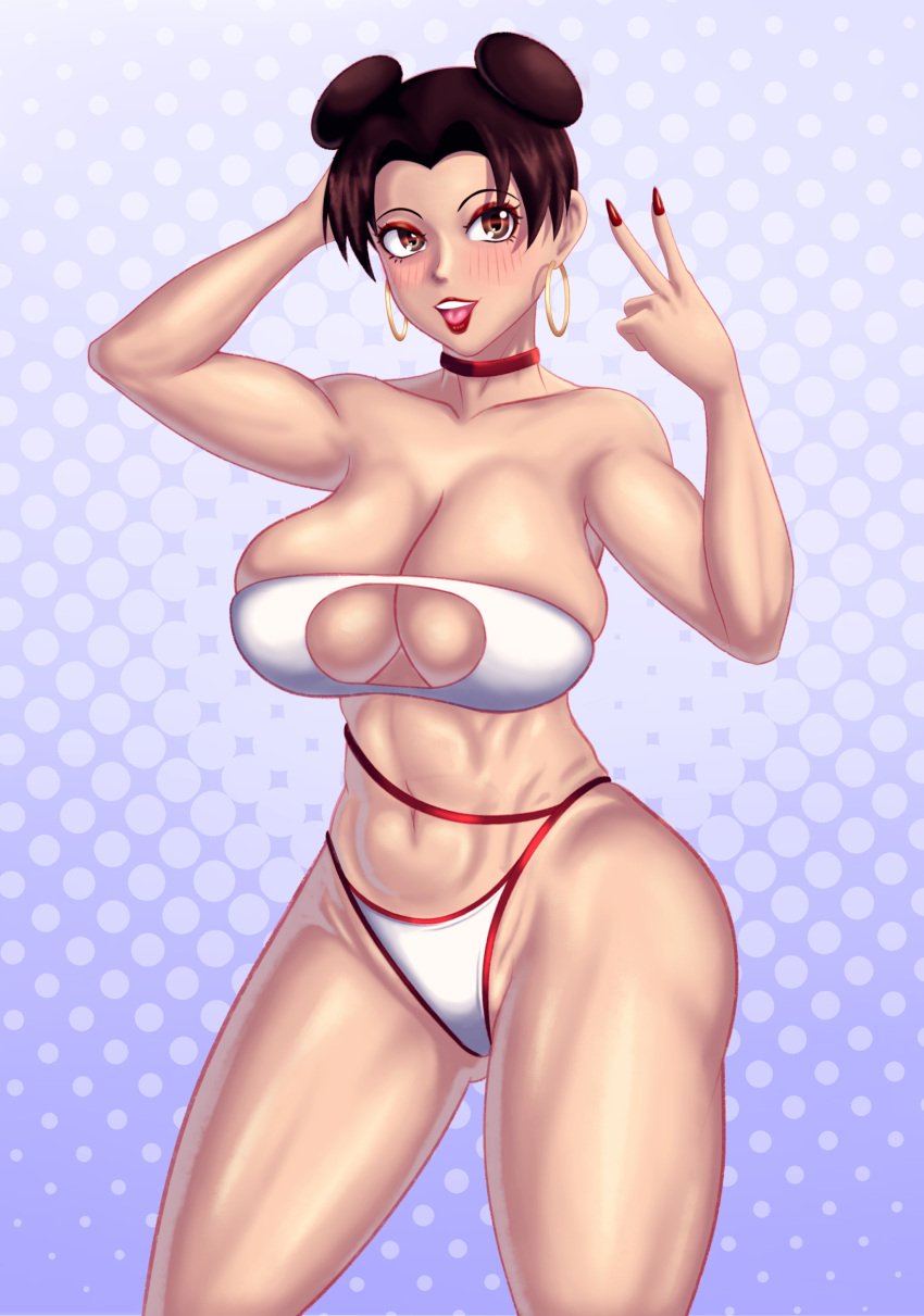 assymptoad athletic_female bikini boob_window boruto:_naruto_next_generations choker cleavage collar fit_female hoop_earrings large_breasts makeup milf nail_polish naruto naruto_(series) navel open_mouth peace_sign smile standing swimsuit tenten thick_thighs toned wide_hips