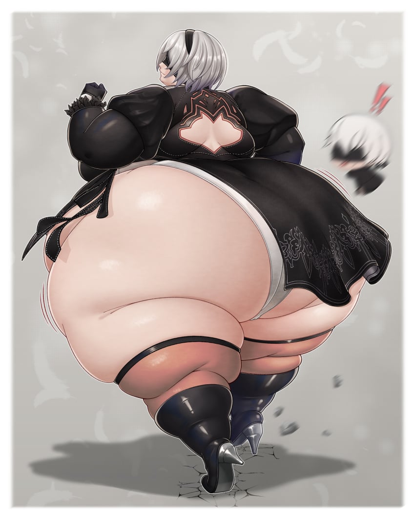 1girls ass bbw blindfold clothing cracked_ground educabezon fat fat_ass female female_focus grey_background hairband huge_ass hyper hyper_ass ineffective_clothing light-skinned_female light_skin morbidly_obese nier nier:_automata obese obese_female overweight_female rear_view short_hair skirt ssbbw thick_thighs thighhighs white_hair yorha_2b yorha_9s