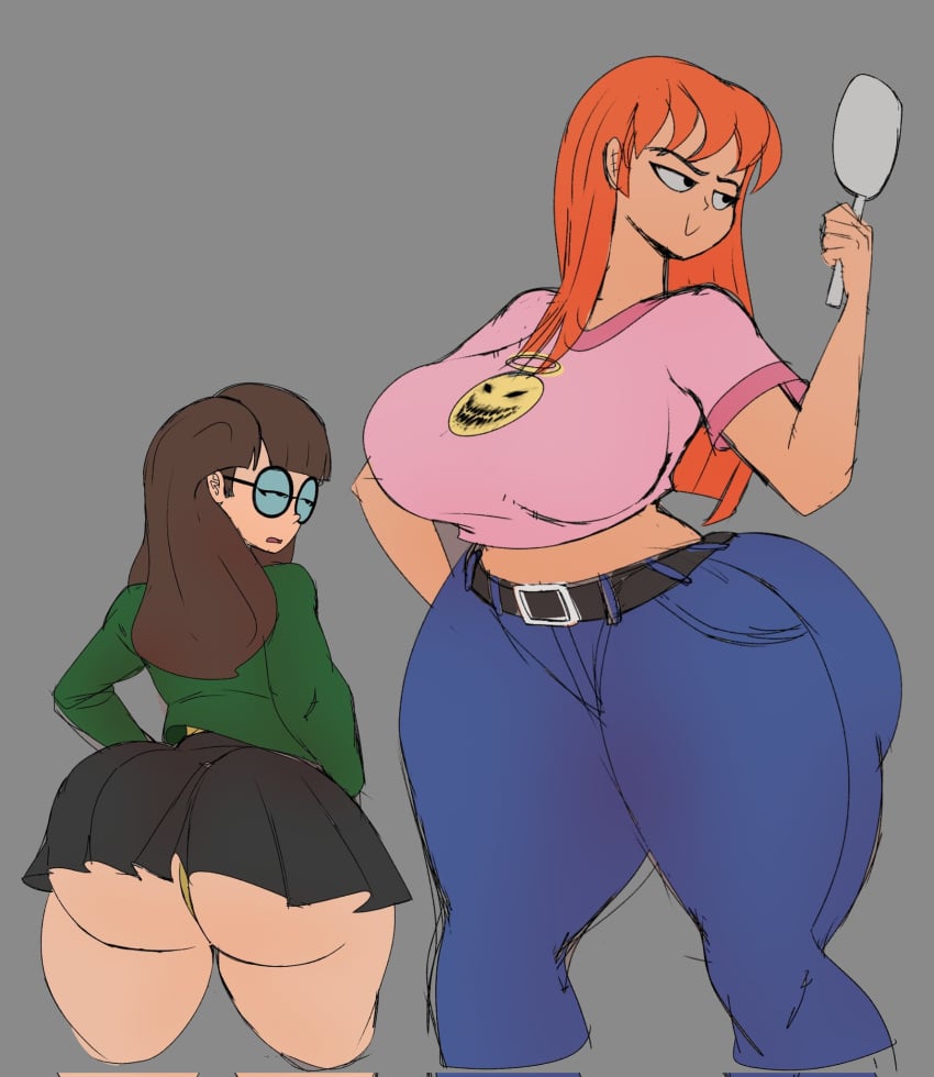 ass big_breasts black_skirt breasts brunette circular_glasses crop_top daria daria_morgendorffer ginger ginger_hair huge_ass jeans mirror panties plump plump_ass quinn_morgendorffer short_skirt smirk smirking tagme