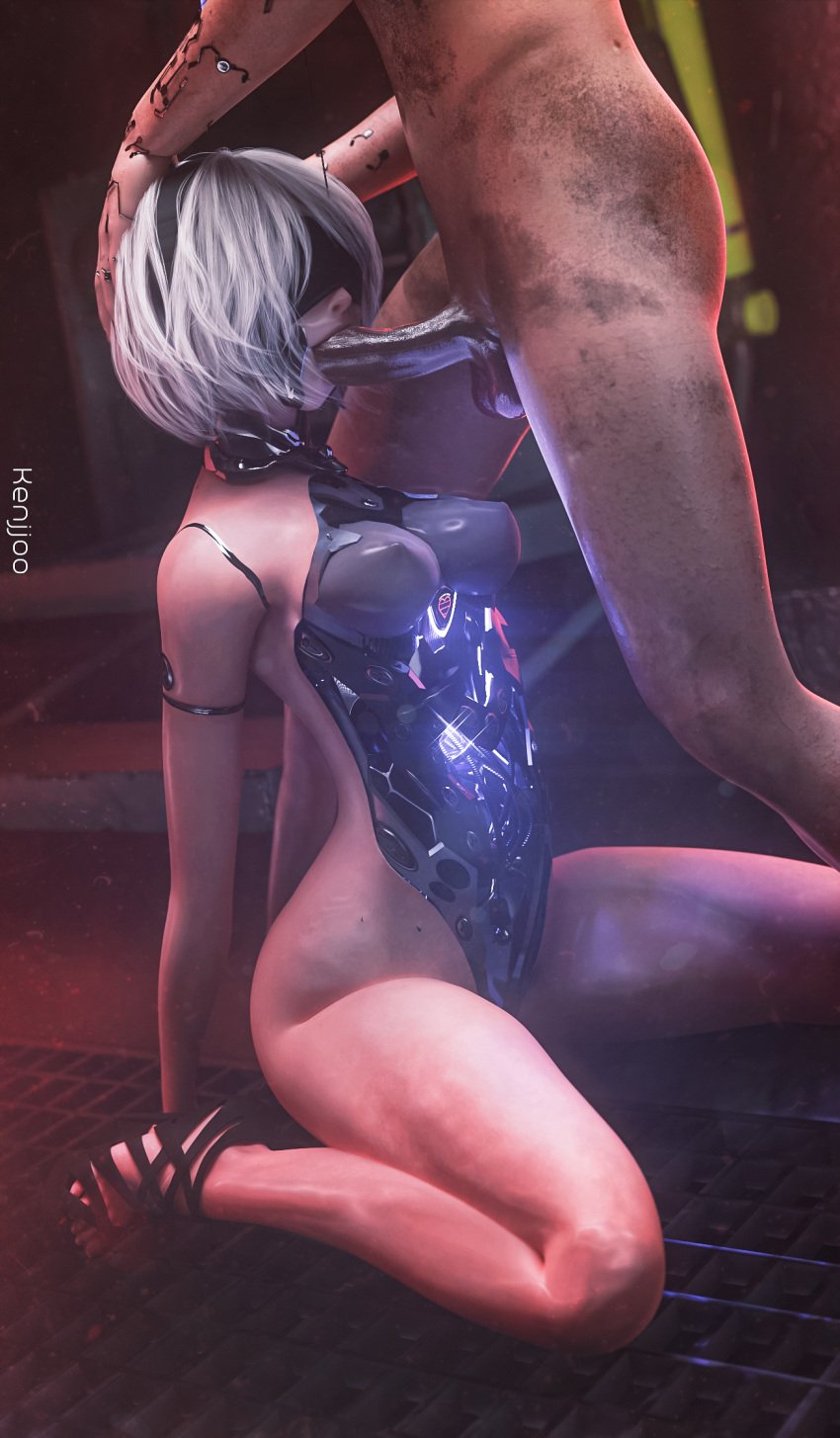 1boy 1girls 2b 3d 3d_(artwork) android blender blender_(artwork) blender_(software) blender_cycles breasts breasts_out facefuck fit fit_female fit_male hi_res highres kenjjoo nier:_automata oiled oiled_skin self_upload sex_slave throat_fuck training yorha_2b