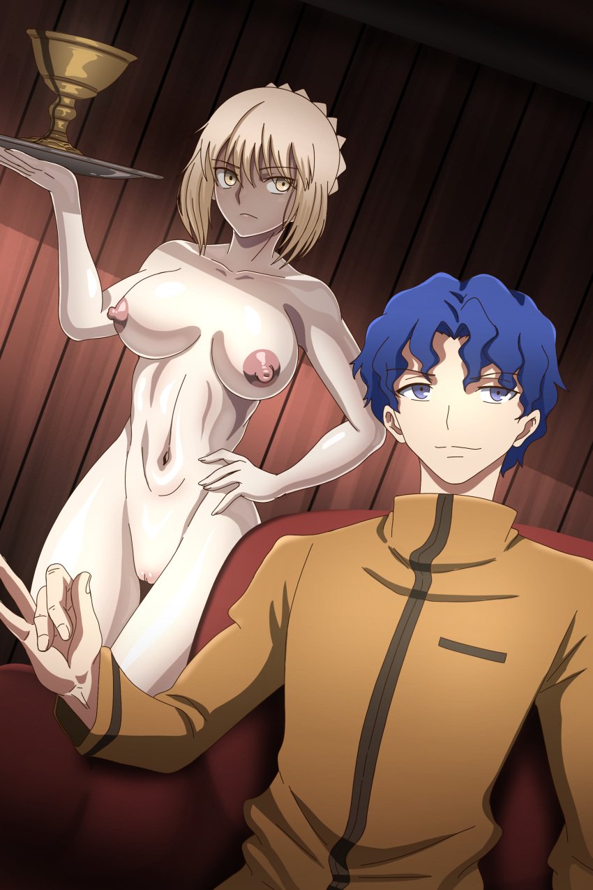 artoria_pendragon artoria_pendragon_(alter) artoria_pendragon_(fate) bad_end blonde_female blonde_hair blue_eyes blue_hair braided_hair breasts casual_exposure casual_nudity cheating clothed_male_nude_female commentary_request commission degradation fate/stay_night fate_(series) fully_nude hand_on_hip holding_object holy_grail_(fate) matou_shinji naked netorare new_epic_artist nipples ntr nude nude_female nude_female_clothed_male pale-skinned_female pale_skin pussy saber saber_alter serious_look servant slave sofa tagme tied_hair vagina yellow_eyes