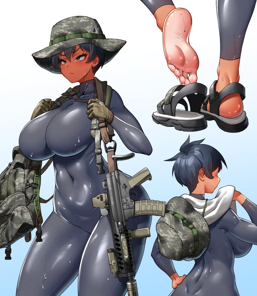 black_hair boonie_hat emotionless feet gun hitch_(hitch_driessen/perotoss400/kirochef) military military_clothing military_hat military_uniform pixel-perfect_duplicate skin_tight skintight suit tactical_gear tan_body