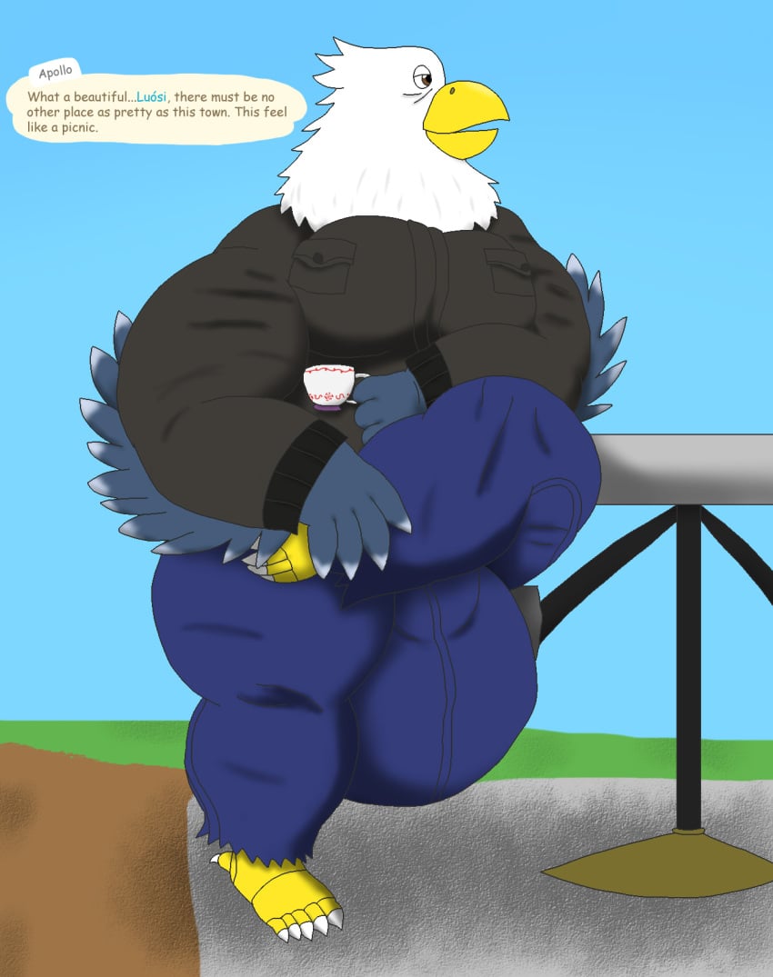 accipitrid accipitriform alythewolfcat animal_crossing anthro apollo_(animal_crossing) avian big_bulge bird bottomwear bulge clothing container cup eagle english_text feather_hands feathers flower hi_res holding_container holding_cup holding_object holding_tea_cup huge_bulge huge_hips hyper hyper_bulge jacket male muscular muscular_male nintendo pants plant solo tea_cup text topwear wide_hips