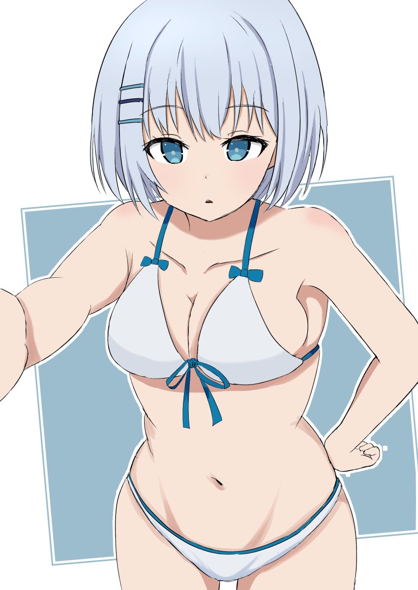 2d 2d_(artwork) ass belly belly_button bikini blue_eyes breasts date_a_live hair_ornament light-skinned_female looking_at_viewer medium_breasts short_hair solo solo_female thighs tobiichi_origami white_hair