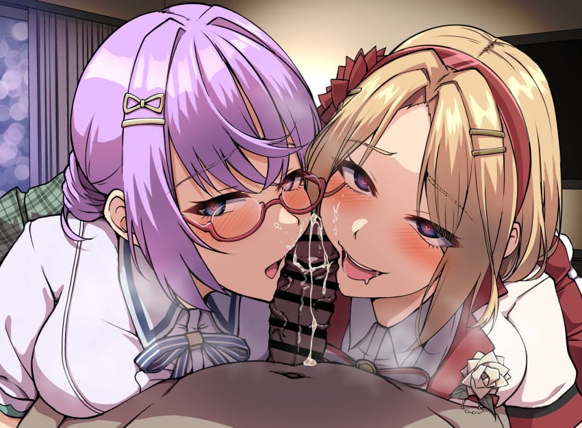 1boy 2girls 4tb_(4tera_byte) ahe_gao bar_censor blonde_hair blue_eyes blush breasts censored collared_shirt commentary_request commission cum cum_on_body drill_hair facial ffm_threesome furrowed_brow glasses green_skirt grin group_sex hair_intakes hair_ornament hairband hairclip heart heart-shaped_pupils heaven_burns_red highres higuchi_seika indoors looking_at_viewer medium_breasts medium_hair minase_ichigo multiple_girls navel open_mouth parted_bangs penis penis_on_face plaid_clothes plaid_skirt pleated_skirt pov pov_crotch purple_hair red-framed_eyewear red_hairband semi-rimless_eyewear shirt short_sleeves skeb_commission skirt smile straight symbol-shaped_pupils threesome twin_drills variant_set white_shirt