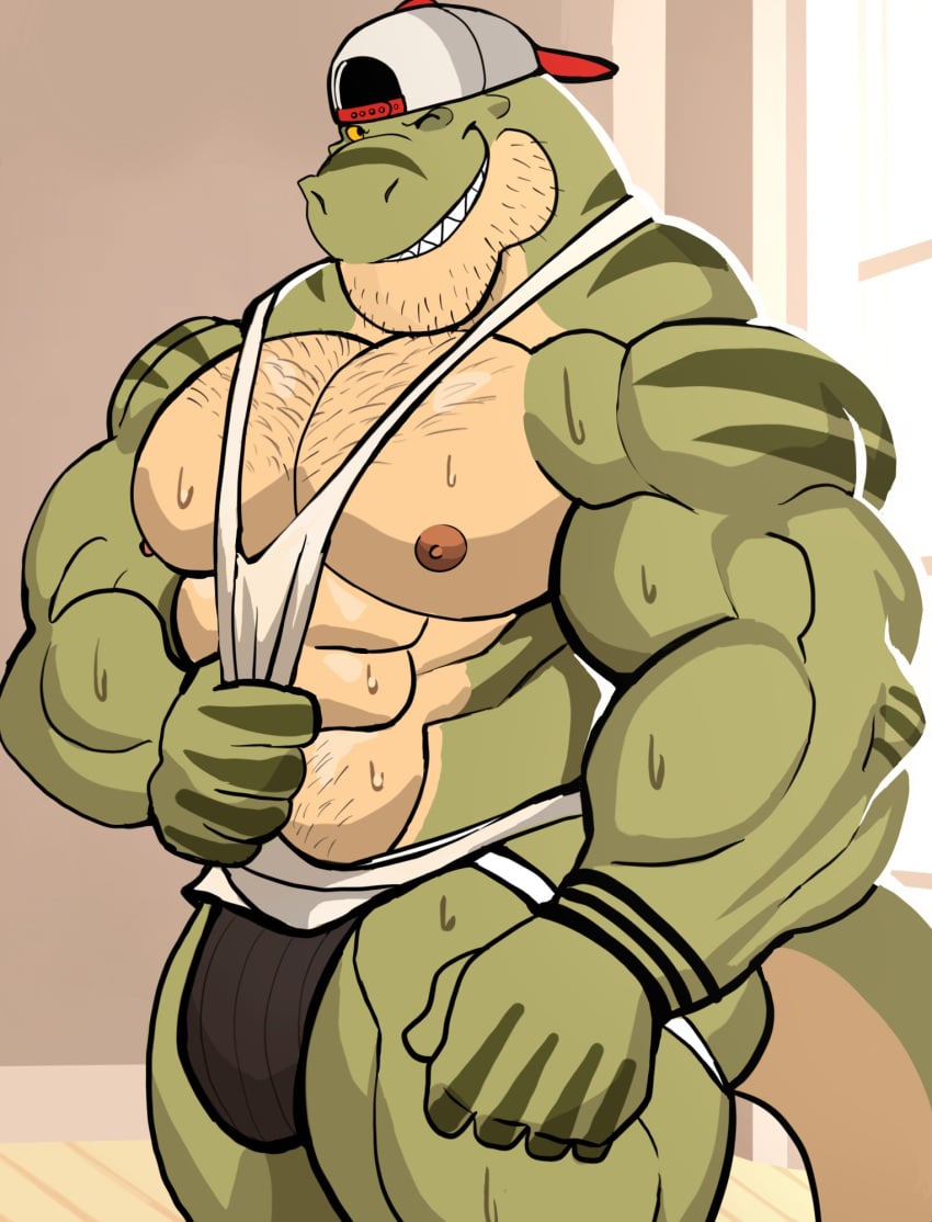 anthro balls bara barazoku bulge darknaigart dinosaur flaccid jace_(darknaig) jockstrap male male_only muscles muscular penis scalie solo solo_male sweat sweating tank_top tyrannosaurid tyrannosaurus tyrannosaurus_rex underwear