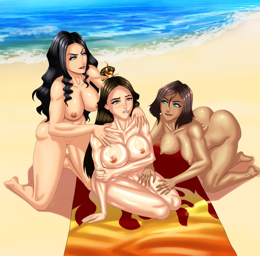 3girls anoneysnufftan applying_sunscreen asami_sato ass avatar_the_last_airbender beach beach_towel biting_lip black_hair blue_eyes breasts brown_hair crown cssp dark-skinned_female dark_skin embarrassed_nude_female female female_only imminent_death imminent_orgasm killer_lotion kneeling korra long_hair lotion makeup massage nickelodeon nipples nude nude_beach oil oiled orange_eyes peril pussy rubbing sand seaside shiny_skin short_hair sitting snuff summer sunbathing sunscreen the_legend_of_korra towel ursa_(avatar) yellow_eyes