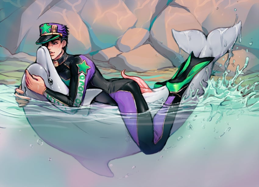 1boy animal_genitalia bestiality cetacean clothed clothing dilf dolphin dolphin_penis duo erection feral jojo's_bizarre_adventure jotaro_kujo kora-jo male male_only mammal marine outside partially_submerged penis side_view stone_ocean tapering_penis water yaoi zoophilia