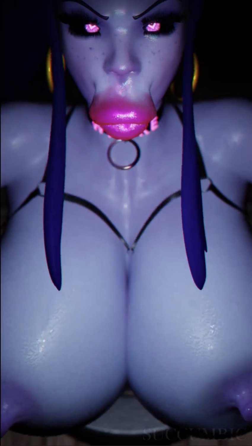 3d :&gt;= ahe_gao anteater_face bimbo bimbo_body bimbo_lips bimbofication blowjob_face blue_skin brigitte brigitte_lindholm corrupted corruption defeated defeated_heroine glory_wall glowing_eyes heart-shaped_pupils huge_breasts huge_lips immobile overwatch overwatch_2 pink_eyes stuck stuck_in_wall succumbic