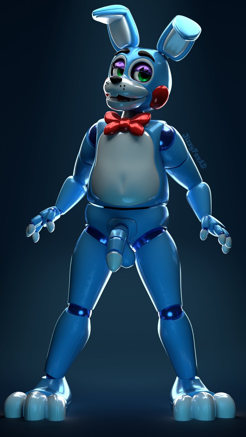 2024 3d_(artwork) 4k absurd_res animatronic anthro balls blender_(artwork) blue_body bow_tie clothing digital_media_(artwork) five_nights_at_freddy's five_nights_at_freddy's_2 genitals green_eyes hi_res humanoid_genitalia humanoid_penis jizzyfox lagomorph leporid looking_at_viewer machine male mammal nude penis purple_eyelids rabbit robot robot_anthro scottgames simple_background smile solo toy_bonnie_(fnaf) watermark