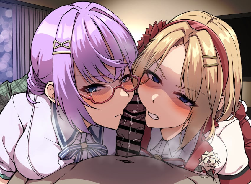 1boy 2girls 4tb_(4tera_byte) bar_censor blonde_hair blue_eyes blush breasts censored closed_mouth collared_shirt commentary_request commission drill_hair ffm_threesome glasses green_skirt grin group_sex hair_intakes hair_ornament hairband hairclip heaven_burns_red highres higuchi_seika indoors looking_at_viewer medium_breasts medium_hair minase_ichigo multiple_girls navel parted_bangs penis penis_on_face plaid_clothes plaid_skirt pleated_skirt pov pov_crotch purple_hair red-framed_eyewear red_hairband semi-rimless_eyewear shaded_face shirt short_sleeves skeb_commission skirt smile steam straight threesome twin_drills v-shaped_eyebrows variant_set white_shirt