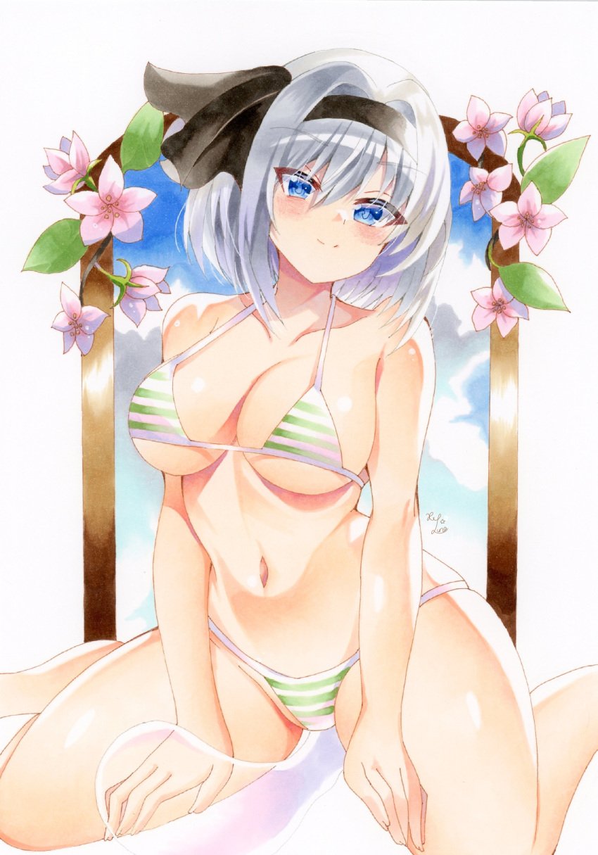 big_breasts bikini blush cleavage huyugiri_luna kneeling smile swimsuit touhou traditional_media_(artwork) youmu_konpaku