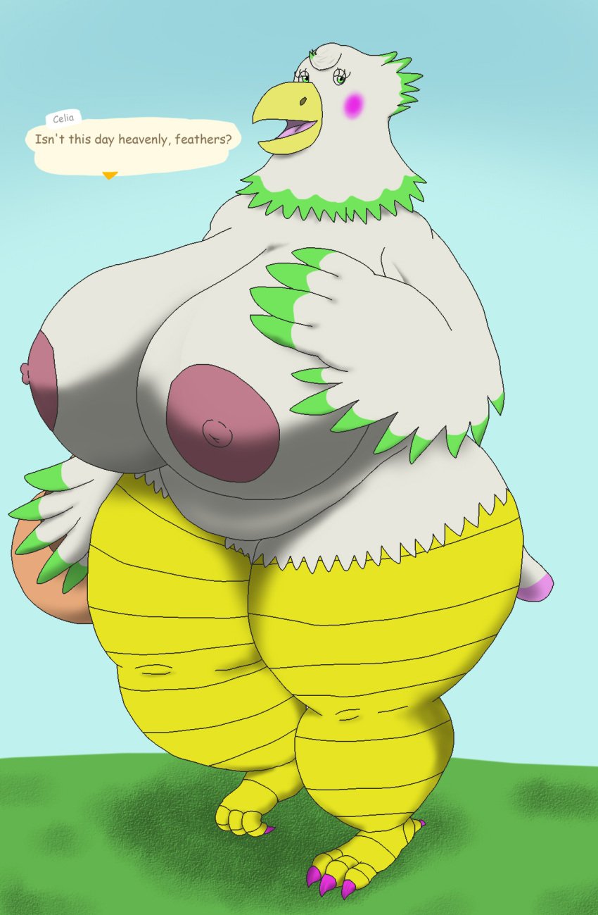 accipitrid accipitriform alythewolfcat animal_crossing anthro areola avian big_areola big_breasts bird breasts celia_(animal_crossing) eagle english_text feather_hands feathers female flower_basket hi_res huge_areola huge_breasts huge_hips nintendo nipples overweight overweight_female solo text wide_hips