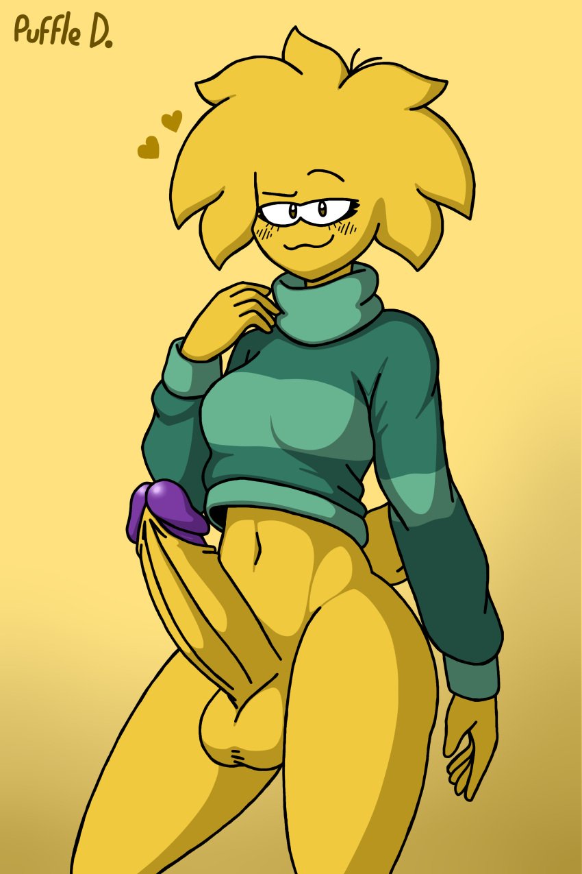 1futa 2024 balls bottomless breasts clothed clothing erection futa_only futanari huge_cock humanoid humanoid_penis partially_clothed penis puffle puffledreemurr smooth_balls smooth_penis solo standing sweater yellow_fur