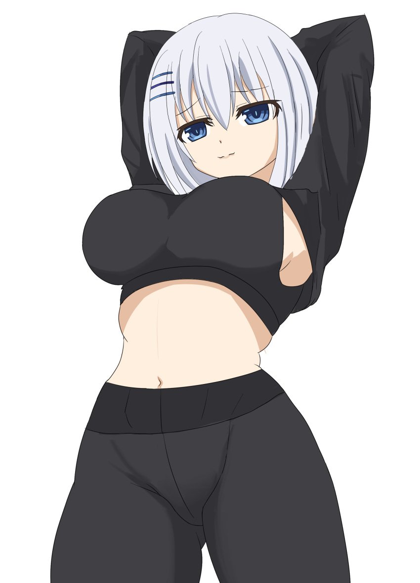 2d 2d_(artwork) ass belly belly_button blue_eyes breasts date_a_live hair_ornament light-skinned_female shirt short_hair sideboob thighs tobiichi_origami white_hair yoga_pants yoga_pose