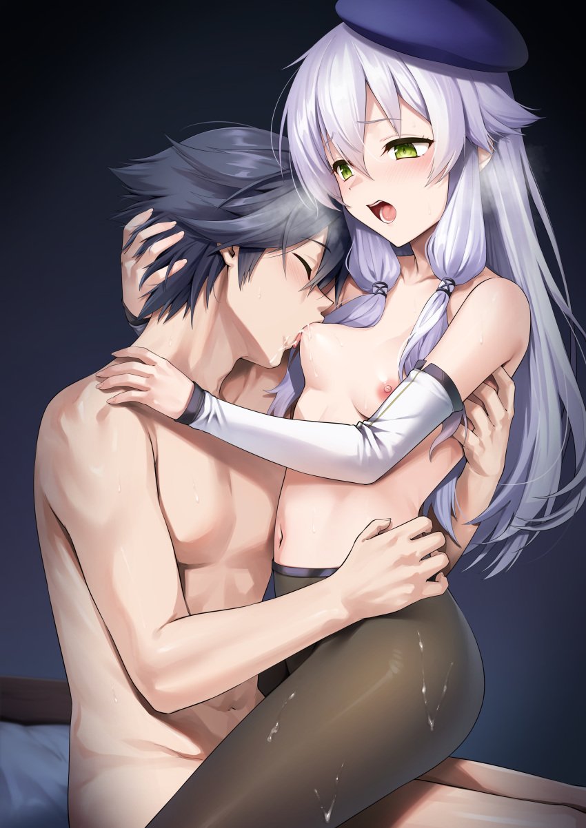 1boy absurdres altina_orion beret black_hair black_pantyhose blue_hat breast_sucking breasts closed_eyes clothed_female_nude_male clothed_sex commentary_request commission couple detached_sleeves eiyuu_densetsu female green_eyes hair_between_eyes hat henria highres hug kai_no_kiseki kuro_no_kiseki_(series) long_hair nipples nude open_mouth pantyhose rean_schwarzer sex short_hair skeb_commission small_breasts straight tongue white_sleeves