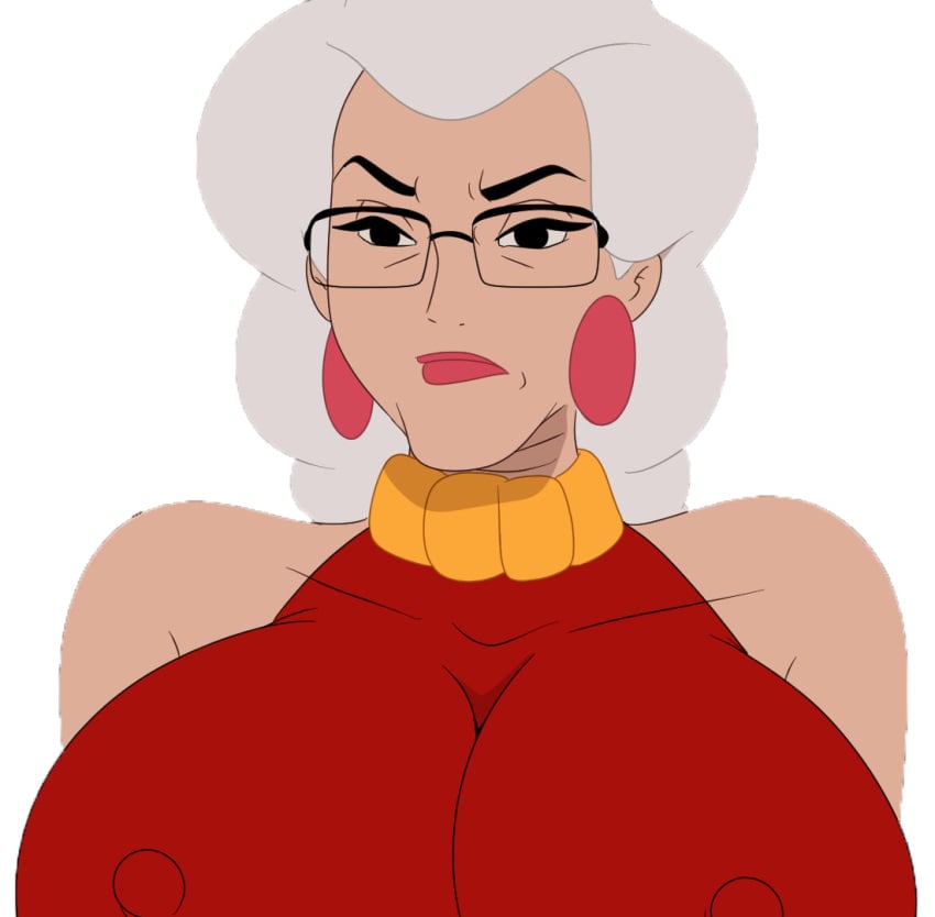 angry bbw big_ass big_breasts big_nipples discreenvision full_color game_cg glasses granny grey_hair huge_breasts inusen lipstick milf milf_boom older_female red_dress