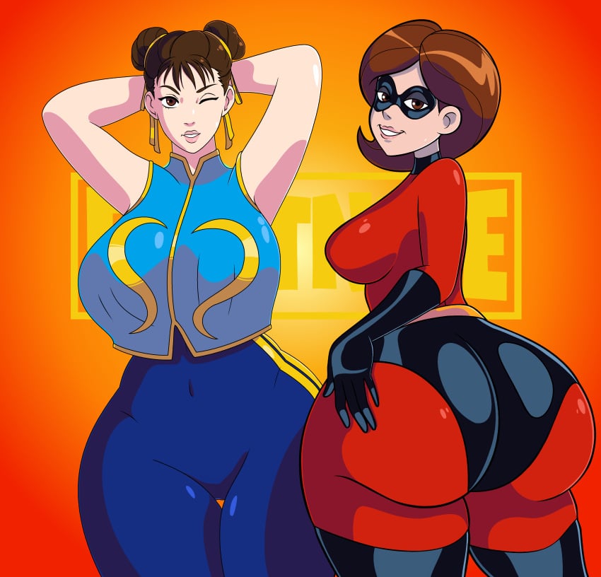 2girls ass big_ass big_breasts breasts brown_eyes brown_hair bubble_ass bubble_butt capcom chun-li chun-li_(fortnite) crossover domino_mask double_bun eyewear female female_only fortnite hair hand_on_ass hands_behind_head helen_parr hips huge_ass huge_breasts large_ass lips looking_back mature mature_female mature_woman milf mother one_eye_closed pills-in-a-little-cup street_fighter superhero_costume superheroine the_incredibles wide_hips wink