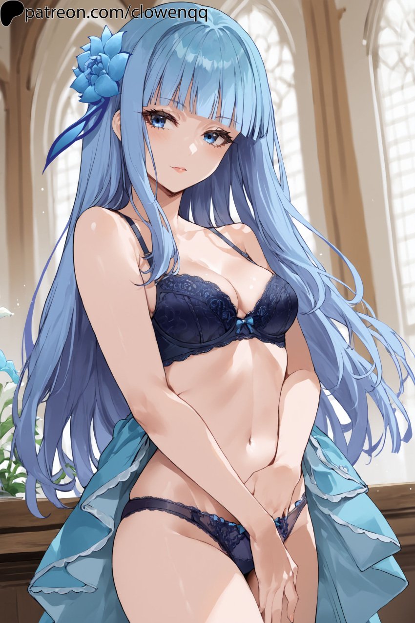 1girls ai_generated bangs blue_eyes blue_hair bra breasts clowenqq female female_focus female_only flower flower_in_hair hair hair_ornament hand_in_panties isekai_ojisan long_hair looking_at_viewer mabel_laybelle navel panties solo solo_female solo_focus standing underwear underwear_only