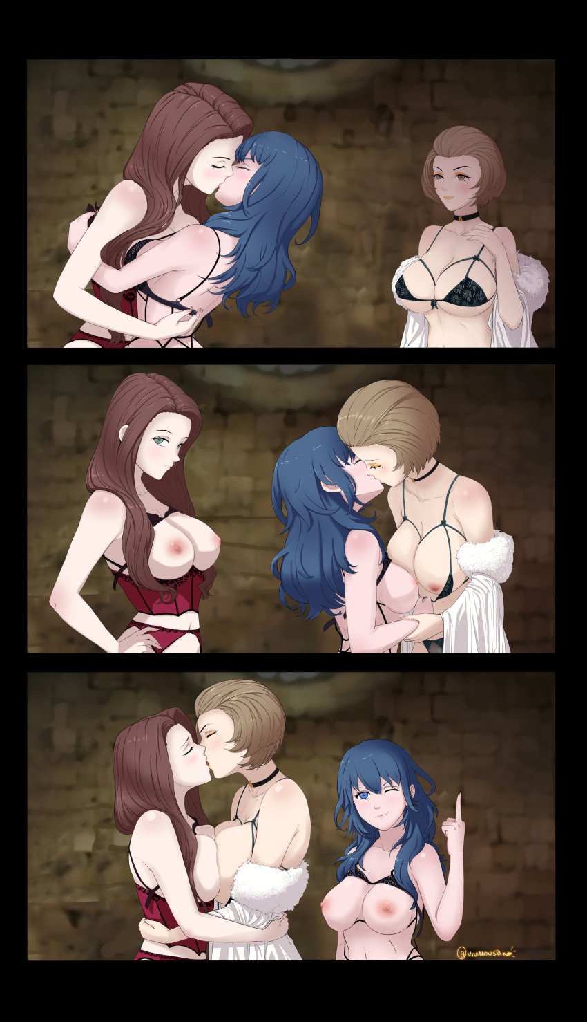 3girls byleth_(fire_emblem)_(female) dorothea_arnault fire_emblem fire_emblem:_three_houses kissing large_breasts manuela_casagranda meme vivi_monsta yuri