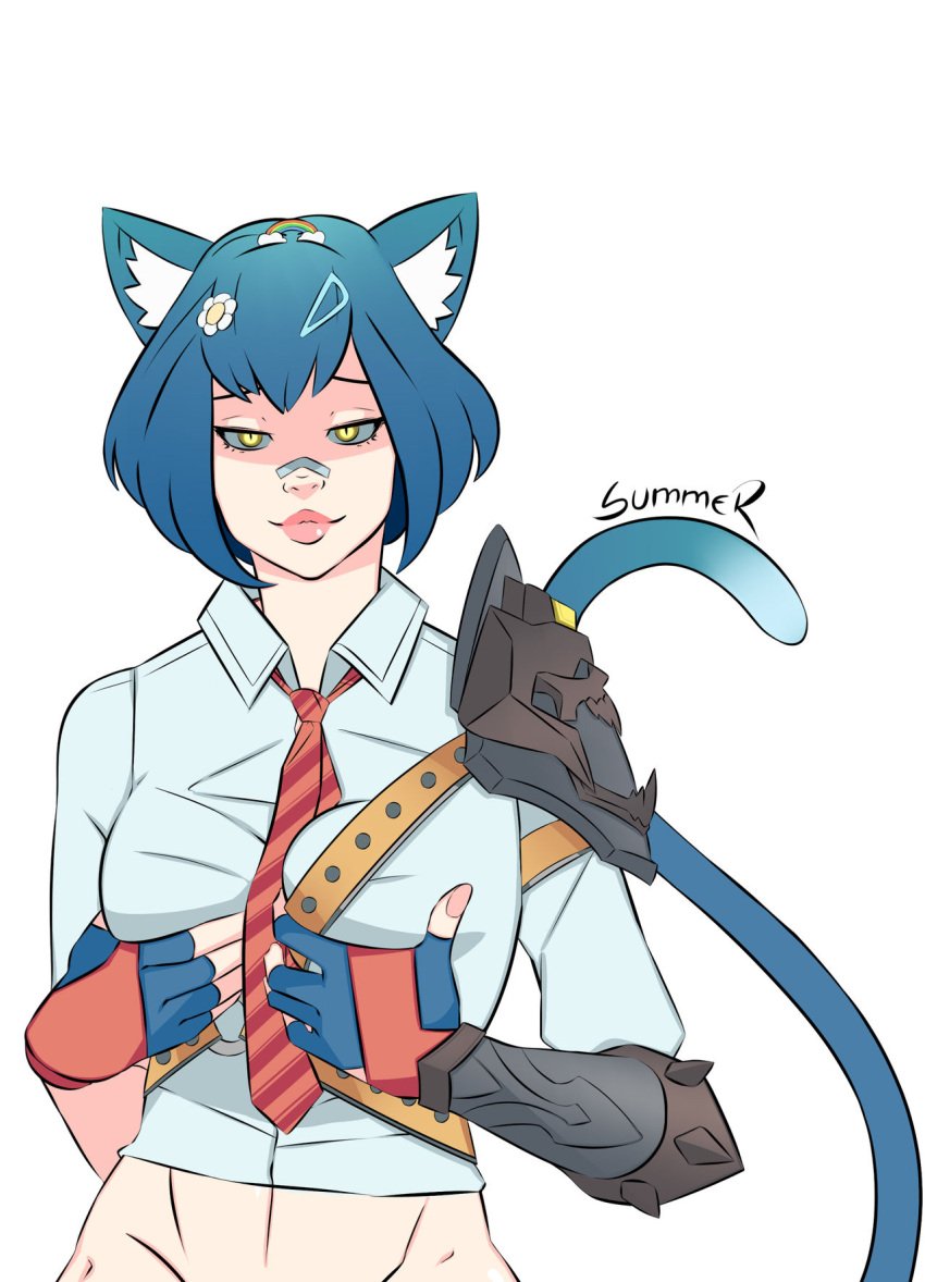 armor bandaid_on_nose bedroom_eyes blue_hair bob_cut breasts button_down_shirt cat_ears cat_girl cat_tail catgirl fingerless_gloves fondling_breast fondling_own_breast gloves grabbing_breasts grabbing_own_breast hair hair_ornament holding_breast lips maeve_(paladins) midriff necktie paladins paladins_champions_of_the_realm red_necktie red_tie school_uniform schoolgirl schoolyard_maeve shirt_collar tie yellow_eyes