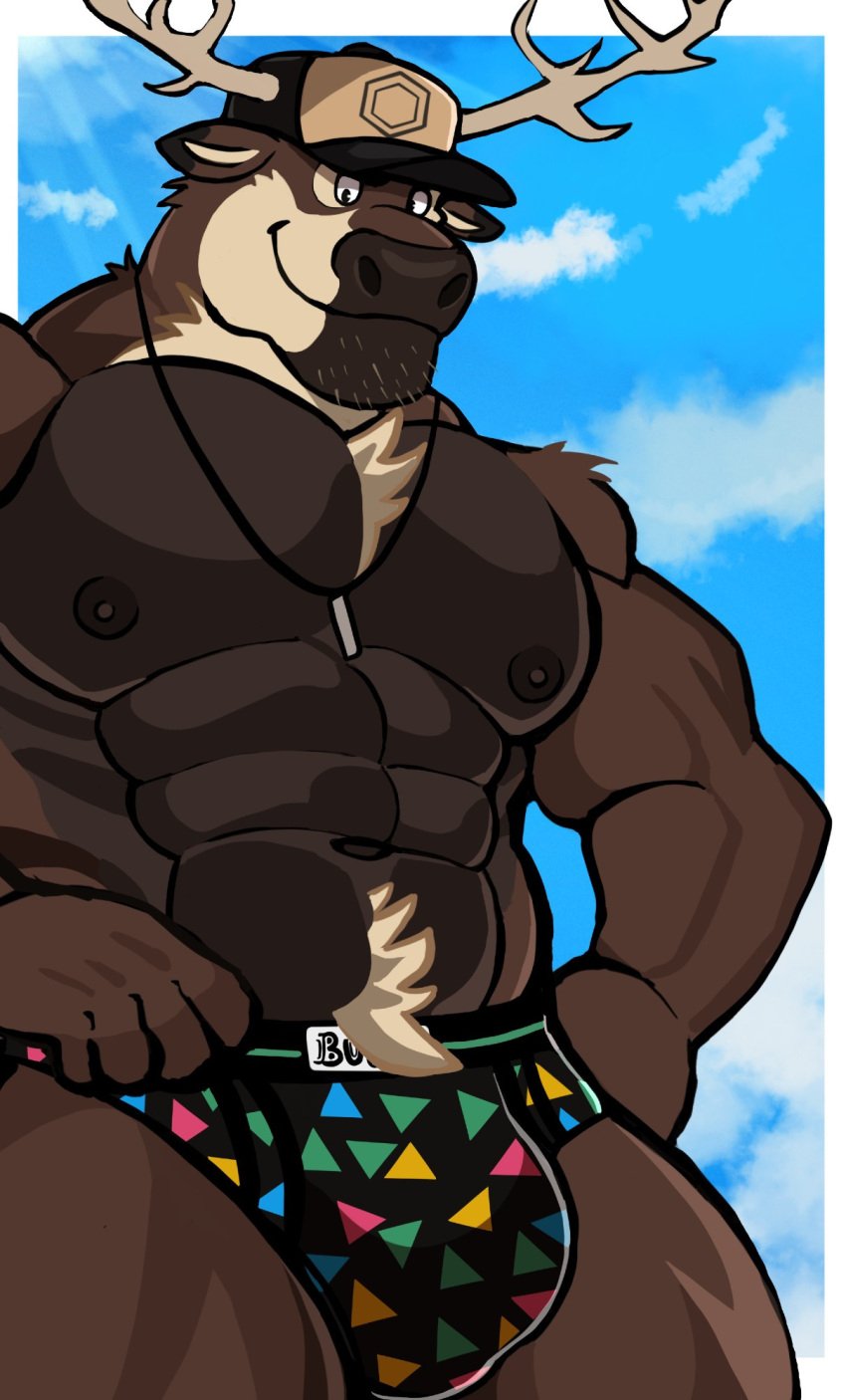 anthro antlers balls bara barazoku bulge darknaigart deer flaccid furry jett_(darknaig) male male_only muscles muscular penis solo solo_male underwear underwear_only