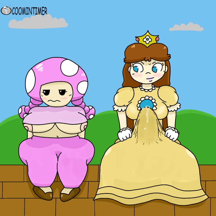 blue_eyes blush brown_hair bulge bulge_through_clothing bulge_under_clothes coomintimer(artist) dress embarrassed futanari imminent_sex mario_(series) precum princess_daisy shortstack size_difference super_mario_bros. sweat sweating sweaty tight_clothes tight_clothing toadette