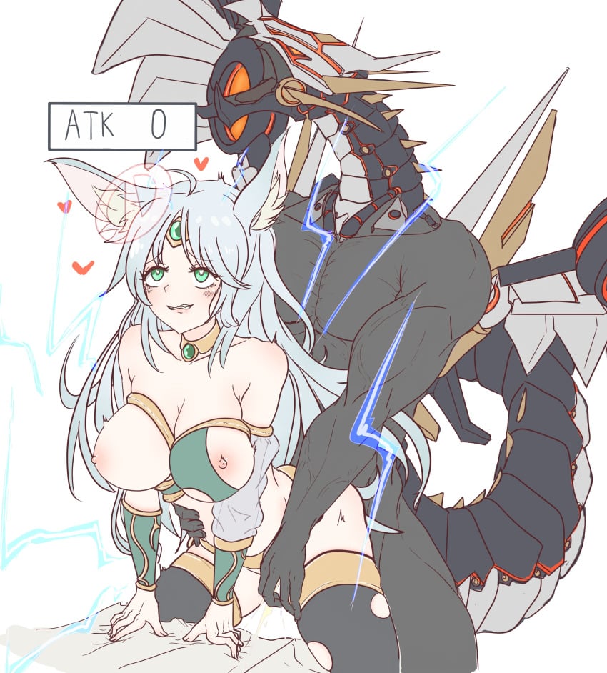 1girl animal_ears apollousa_bow_of_the_goddess artificial_body cyber_dragon_infinity duel_monster electricity from_behind gandamukun green_eyes interspecies_mating large_breasts robot_dragon silver_hair torn_clothes yu-gi-oh!