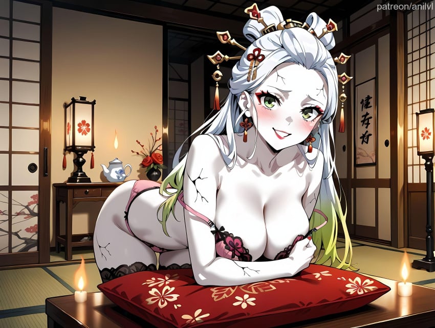 1girls ai_generated anilvl bare_shoulders bent_over black_thighhighs blush bra breasts candle candlelight cleavage collarbone colored_skin crack cracked_skin cushion daki_(kimetsu_no_yaiba) demon_slayer earrings eyeshadow fire flower forehead gradient_hair green_eyes green_hair grin hair_ornament hair_stick hairpin indoors jewelry kimetsu_no_yaiba lace-trimmed_bra lace-trimmed_legwear lace_trim lantern large_breasts leaning_forward lipstick long_hair looking_at_viewer makeup multicolored_hair pale_skin panties pillow pink_bra pink_panties red_lips shouji sliding_doors smile solo strap_slip table tassel tassel_earrings tatami teapot thighhighs thighs underwear underwear_only vase veins white_hair white_skin zabuton