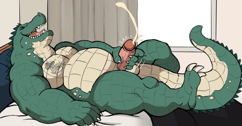 alligator alligatorid anthro balls bara barazoku boner cum darknaigart erection male male_only masturbation muscles muscular nude orgasm penis scalie solo solo_male