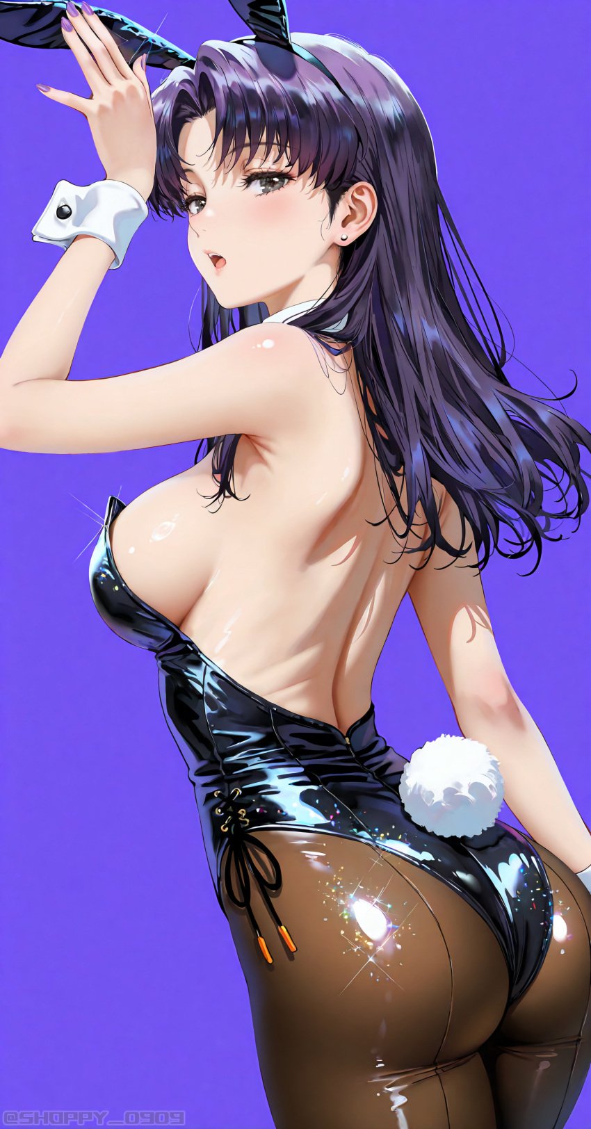 1girls ai_generated alternate_costume bunny_ears bunny_girl bunny_tail bunnysuit ear_piercing female glossy glossy_lips misato_katsuragi neon_genesis_evangelion painted_nails shiny_clothes shiny_hair shiny_skin shoppy