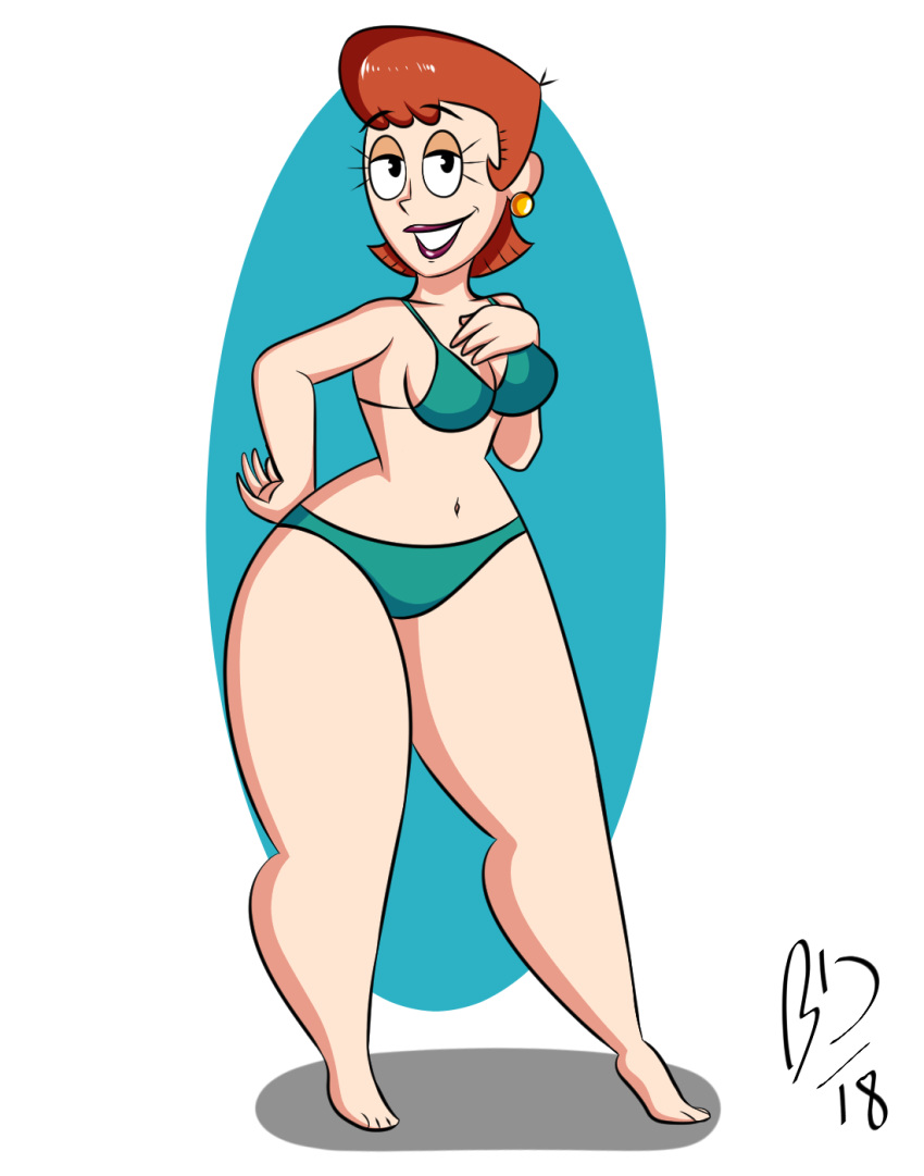 bikini dexter's_laboratory dexter's_mom earrings jamesdrawslewdthings lipstick looking_at_viewer milf navel pinup simple_background smile thick_thighs wide_hips