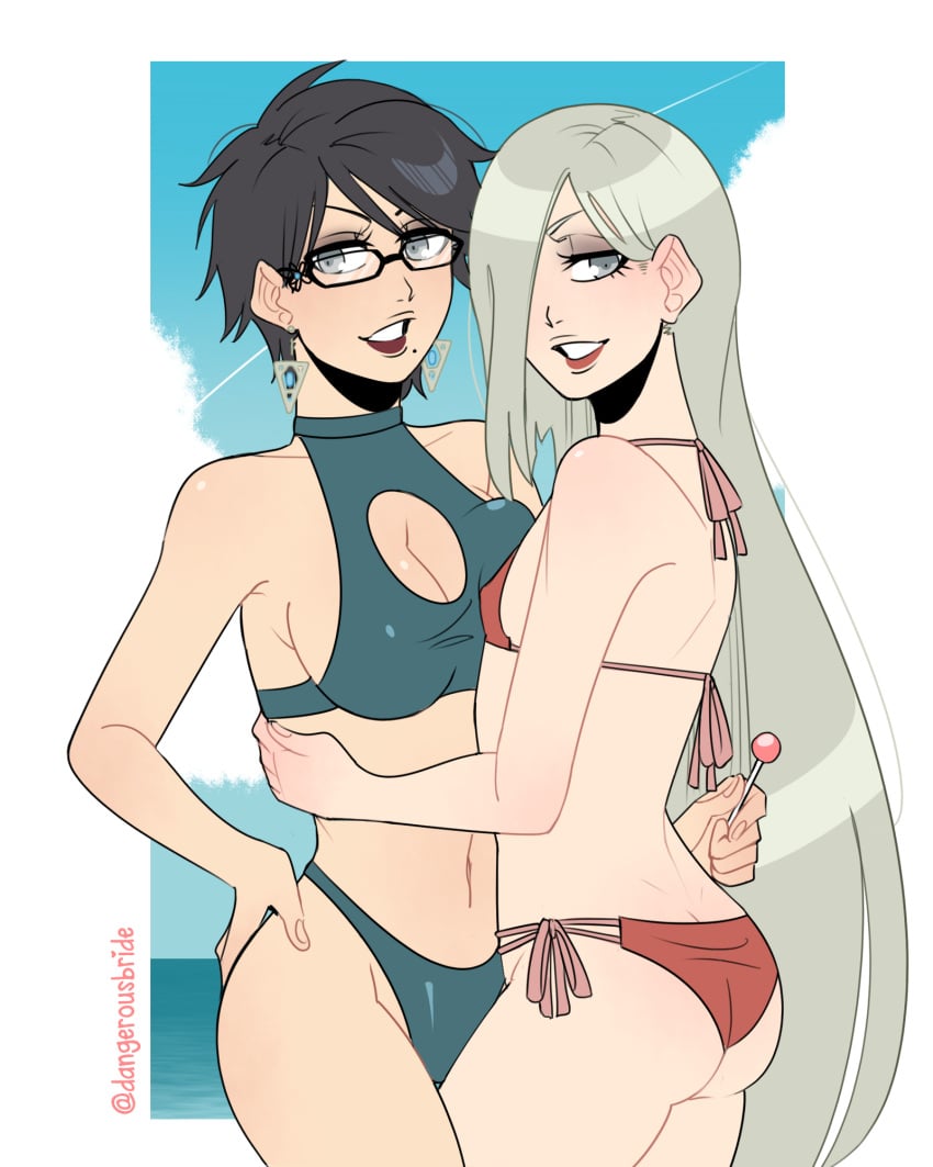 2girls bayonetta bayonetta_(character) bayonetta_2 dangerousbride jeanne_(bayonetta) swimsuit yuri