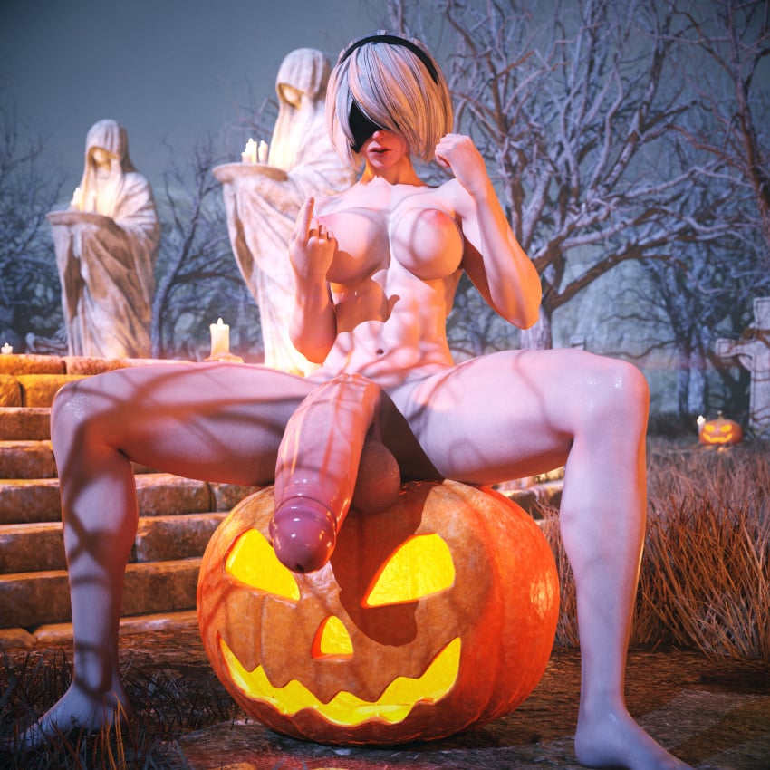 1futa 3d areolae balls big_breasts big_penis blindfold breasts flaccid flaccid_penis futa_only futanari hairband halloween huge_balls huge_cock light-skinned_futanari light_skin nier nier:_automata nipples nude nude_futanari penis pumpkin salamandraninja short_hair sitting solo spread_legs testicles white_hair yorha_2b