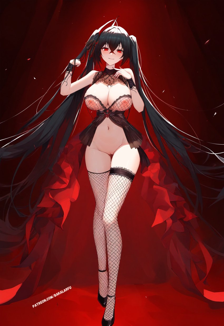 ai_generated azur_lane bakalarfu black_hair breasts elegant fishnets high_heels long_hair naked naked_female nipples pussy red_background red_eyes sadism sadistic_smile seductive seductive_look solo taihou_(azur_lane) white_body white_skin yandere