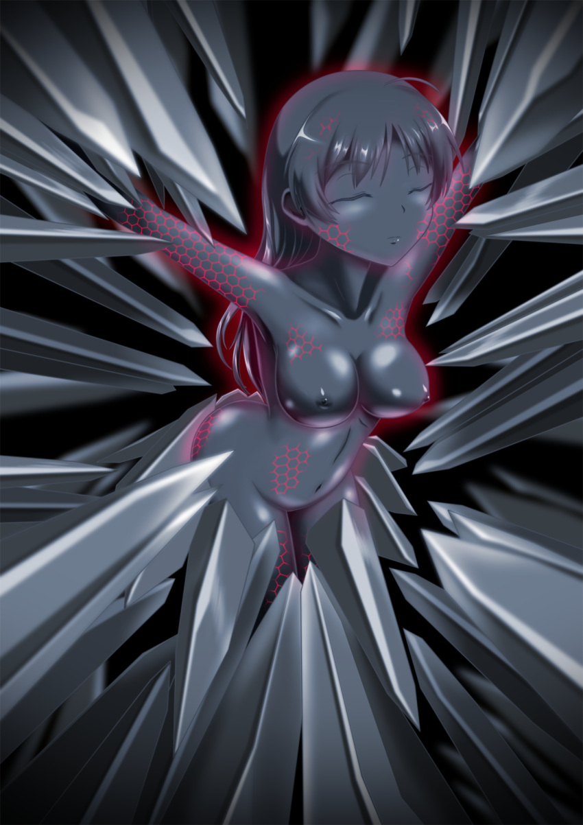 breasts brown_hair female large_breasts lynette_bishop metal metal_body metal_breasts metal_girl metal_hair metal_legs metal_nipples metal_skin metal_transformation metallic metallic_body metallic_hair metallic_nipples metallic_skin navel nipples nude petrification pura-tabu shiny shiny_skin solo strike_witches world_witches_series