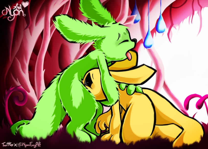 2024 absurd_res akupara_games anthro digital_drawing_(artwork) digital_media_(artwork) duo ejaculation fellatio feral fluffy fur green_body green_fur hair hands-free hi_res male male/male monk_(rain_world) nude nyanfurry oral oral_orgasm oral_penetration orgasm penetration penile rain_world saint_(rain_world) sex signature slugcat tail videocult yellow_body