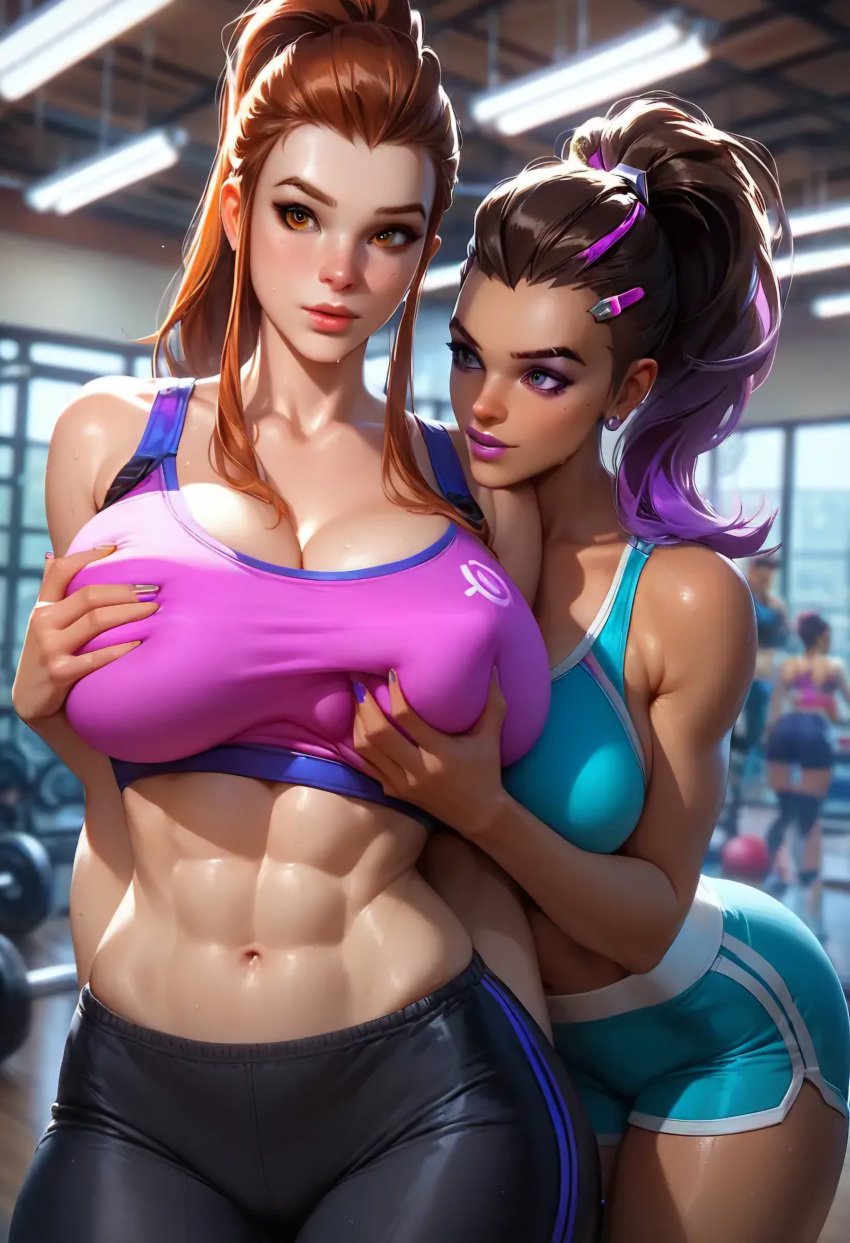 2d 2girls ai_generated brigitte grabbing_breasts gym huge_breasts overwatch overwatch_2 sombra sports_bra sports_uniform