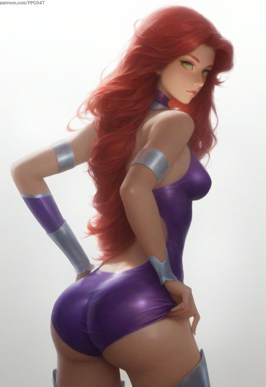 ai_generated armlet ass bare_shoulders big_ass blush clothed clothing eye_contact female gloves green_eyes lipstick long_gloves looking_at_viewer looking_back nai_diffusion pujopg rear_view red_hair revealing_clothes simple_background solo solo_female starfire superhero superhero_costume superheroine teen_titans tight_clothing very_long_hair wavy_hair white_background