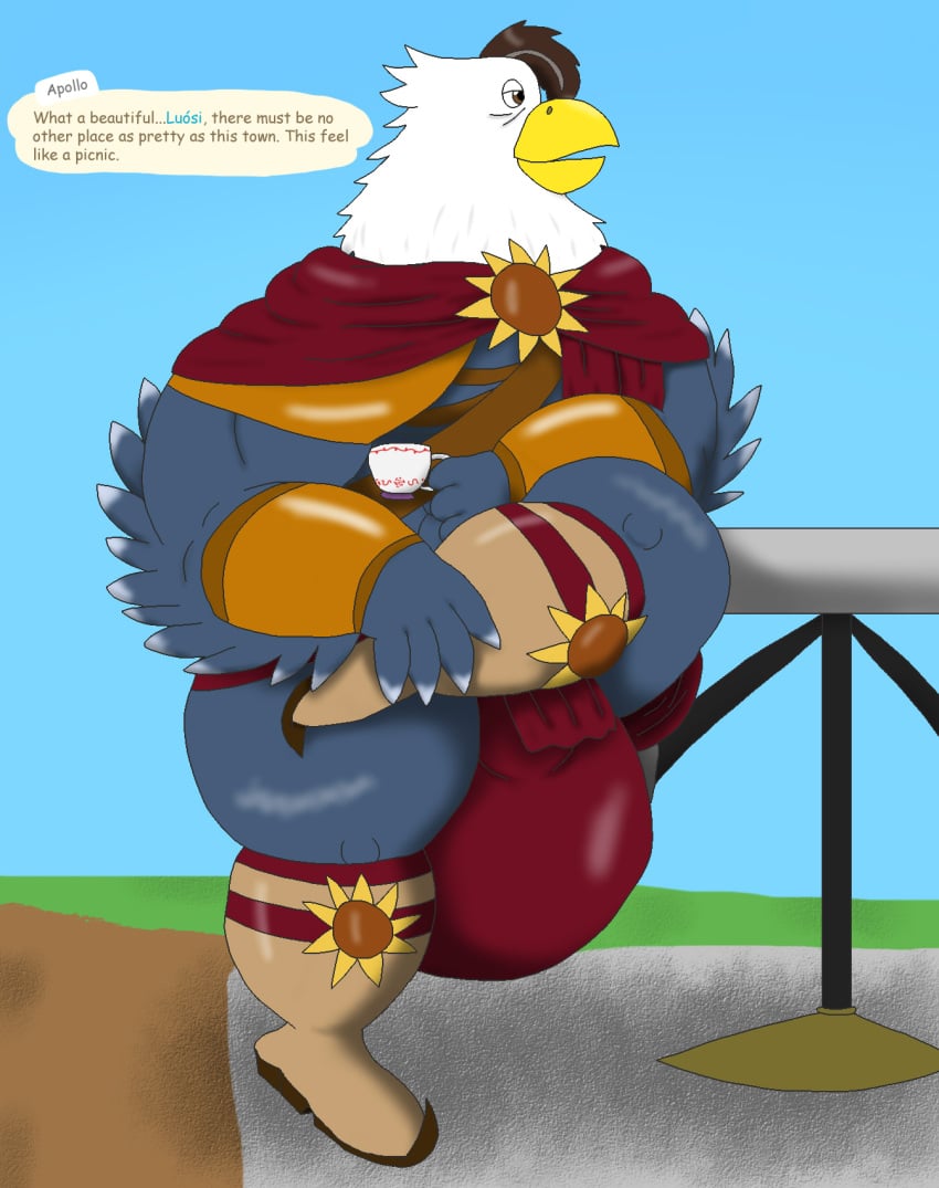 accipitrid accipitriform alythewolfcat animal_crossing anthro apollo_(alythewolfcat) apollo_(animal_crossing) avian big_bulge bird bulge clothing container costume cup eagle english_description european_mythology feather_hands feathers greek_clothing greek_mythology hi_res holding_container holding_cup holding_object holding_tea_cup huge_bulge huge_hips hyper hyper_bulge male muscular muscular_male mythology nintendo solo tea_cup wide_hips