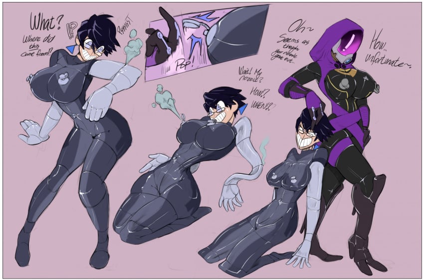 bayonetta bayonetta_(character) bodysuit boots deflating deflation elbow_gloves female/female female_penetrated femdom glasses gloves hood inflatable living_inflatable mass_effect nipple_piercing nipple_play nozzle tali'zorah_nar_rayya thick_thighs valve