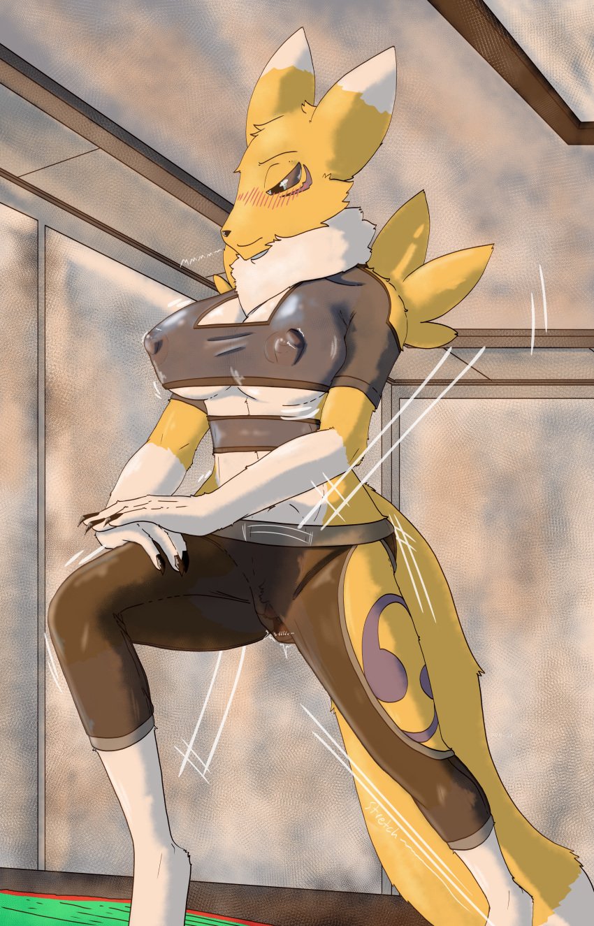 absurd_res anthro athletic_wear bandai_namco big_breasts blush bottomwear breasts canid canine canis clothed clothing crop_top digimon digimon_(species) digital_media_(artwork) egg_vibrator exercise fan_character female foxylilshrink fur genitals gym_bottomwear hi_res humanoid legwear mammal markings meme nipples no_nut_november penetration pussy rena_(foxylilshrink) renamon sex_toy sex_toy_in_pussy sex_toy_insertion shirt simple_background solo stretching tail tights topwear translucent translucent_clothing vaginal_penetration vaginal_penetration vibrator white_body workout yellow_body