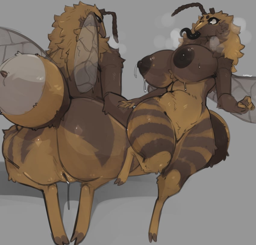 2024 absurd_res anthro areola arthropod arthropod_abdomen ass bee big_breasts big_butt biped black_areola black_nipples black_sclera black_tongue bodily_fluids breasts brown_body brown_fur digital_media_(artwork) dripping female female_anthro fur genital_fluids genitals grey_background hi_res huge_breasts huge_butt hymenopteran insect_wings insects lvlirror multicolored_body multicolored_fur nipples no_pupils pussy pussy_juice_drip simple_background solo sweat sweaty_breasts thick_thighs tongue tongue_out vaginal_fluids white_body white_eyes white_fur wide_hips wings yellow_body yellow_fur