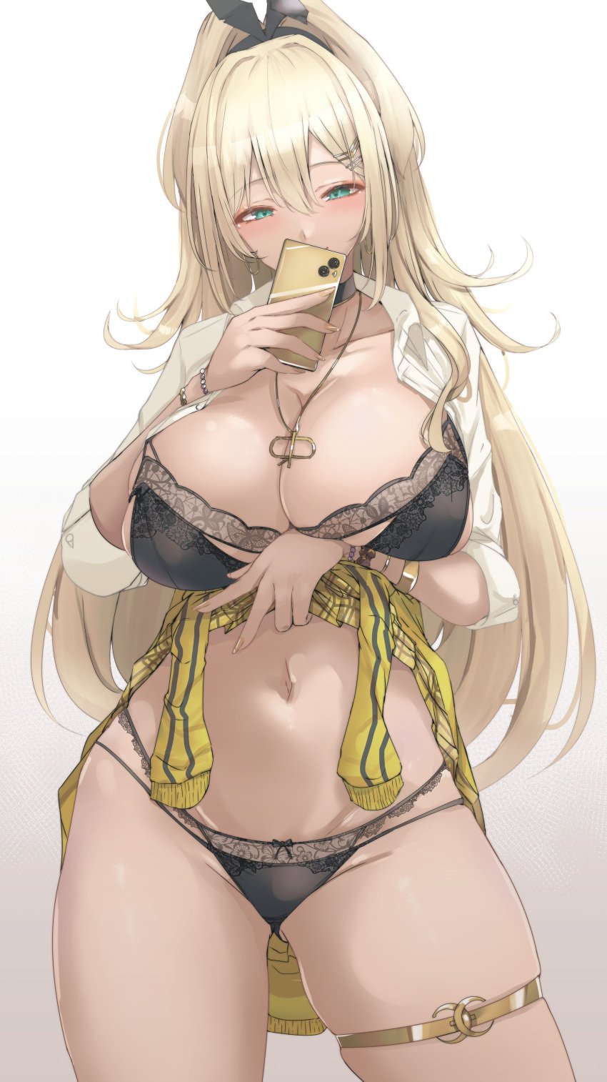 absurdres black_bra black_panties blonde_hair blush bra bracelet breasts cellphone cleavage collarbone female floral_print goddess_of_victory:_nikke green_eyes gyaru hair_between_eyes hair_ornament highres jacket jewelry large_breasts lifting_own_clothes long_hair looking_at_viewer navel necklace panties phone rupee_(nikke) ryuu. shirt smartphone solo stomach taking_selfie tan underwear white_background white_shirt