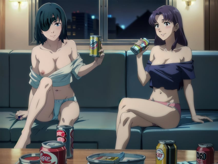 2girls beer big_breasts breasts breasts_out chainsaw_man crossover drunk female female_only himeno_(chainsaw_man) himesato misato_katsuragi neon_genesis_evangelion thick_thighs trait_connection