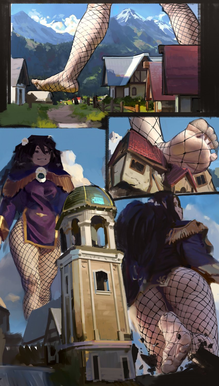 1girls 2d_(artwork) building_destruction clothed_female color crushing destruction feet female_only fishnets giantess huge_ass long_hair macro original outside rammzi robe sally_kugasari smug witch