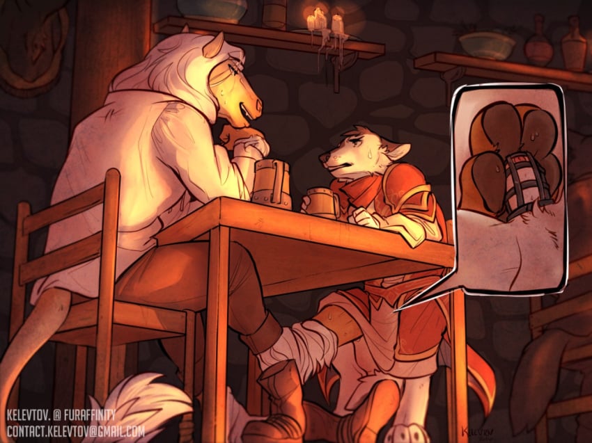 canine chastity chastity_cage chastity_device eyazen footjob furry garelth horse hybrid kelevtov lion male_chastity paw public_humiliation sweat tavern teasing under_the_table wolf