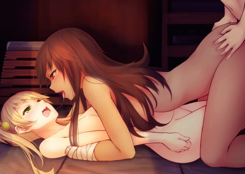 2girls ambiguous_penetration amputee ass_grab bandages blonde_hair blush brown_eyes brown_hair dark-skinned_female dark_skin green_eyes gym gym_storeroom hair_ornament ibarazaki_emi indoors katawa_shoujo kerasu male miura_miki naked open_mouth ricegnat saliva saliva_trail sex small_breasts threesome tongue vaulting_horse